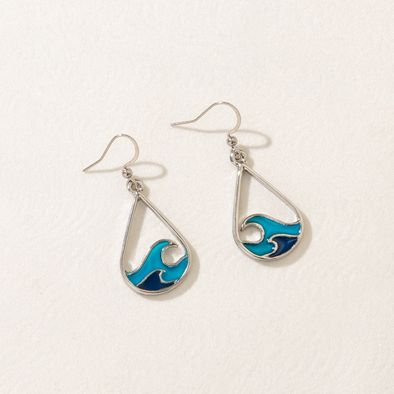 Wholesale Wave Design Stainless Steel Blue Sweater Chain Earring Set